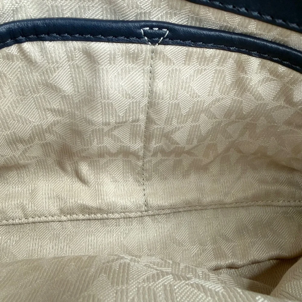 Michael Kors Sloan Large Denim Patchwork Frayed Chevron Shoulder Bag Blue Silver - Picture 13 of 15
